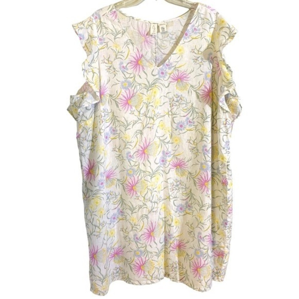 Joie Women's Floral Print Ruffle Sleeve Dress‎ Casual White Pink Yellow 2X